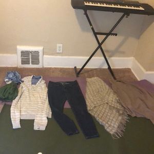 6 items: 1 hoodie, 1 pr jeans, 2 shawls, 2 scarves